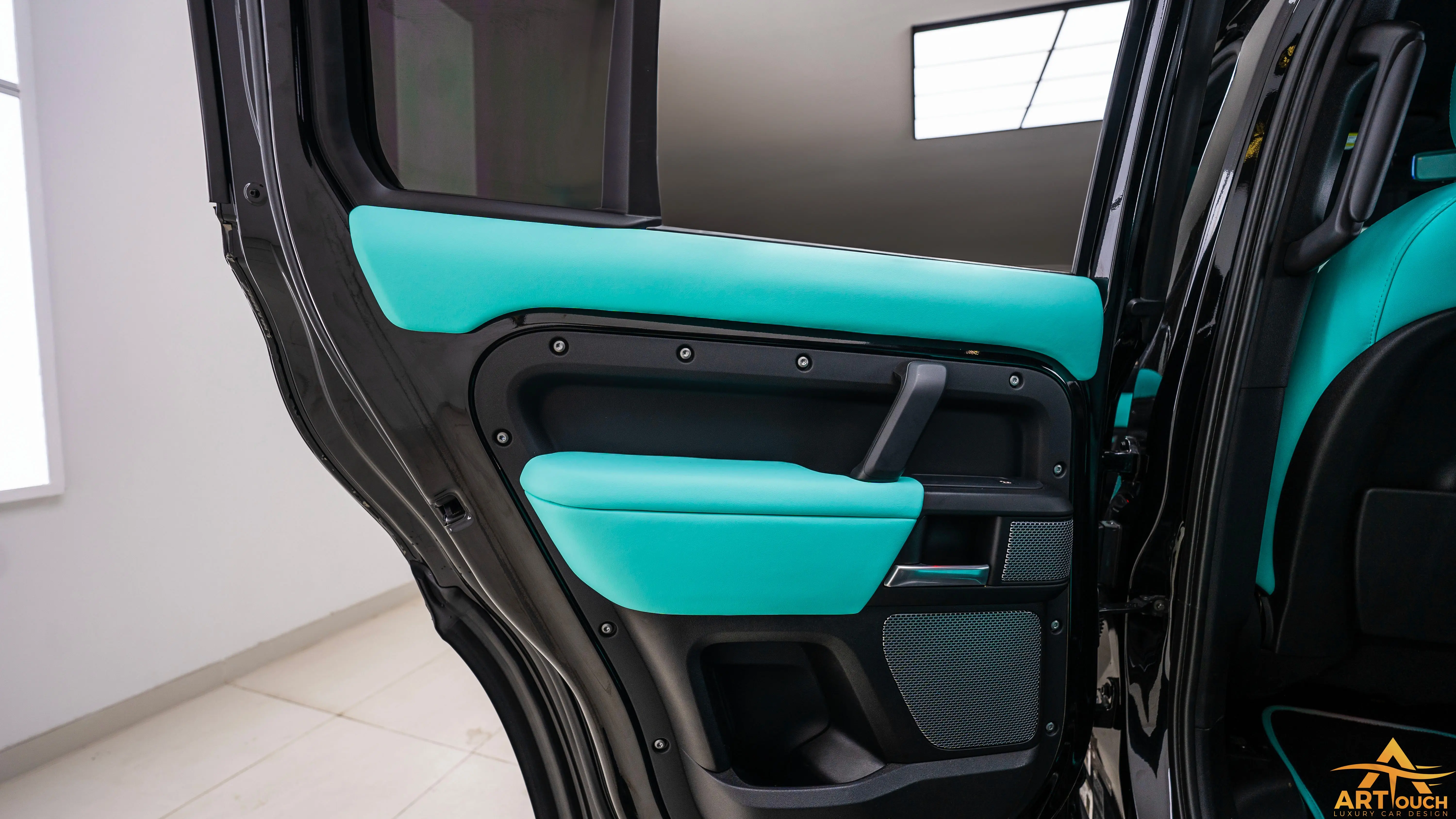 Land Rover Defender Tiffany Blue Leather Interior Upholstery Dubai ART Touch