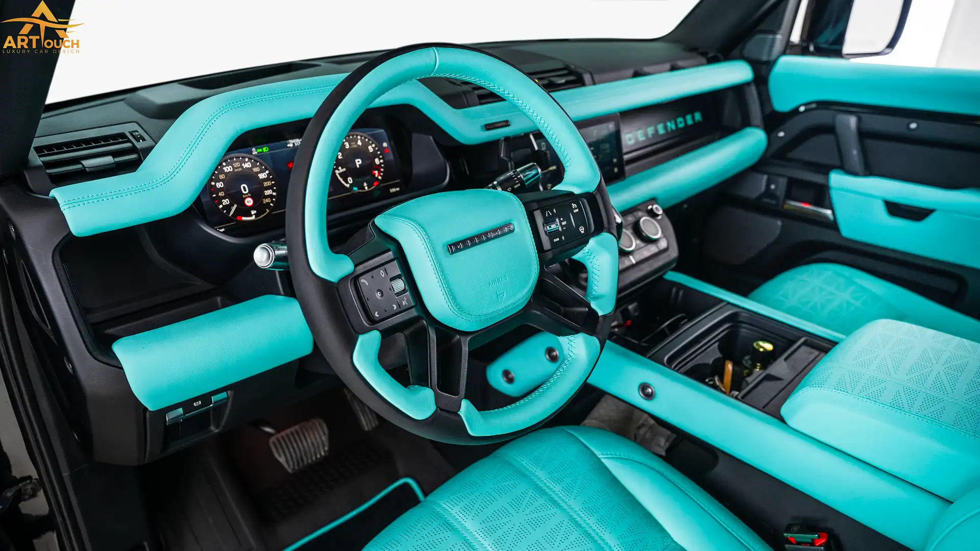 Land Rover Defender Tiffany Blue Leather Interior Upholstery Dubai ART Touch