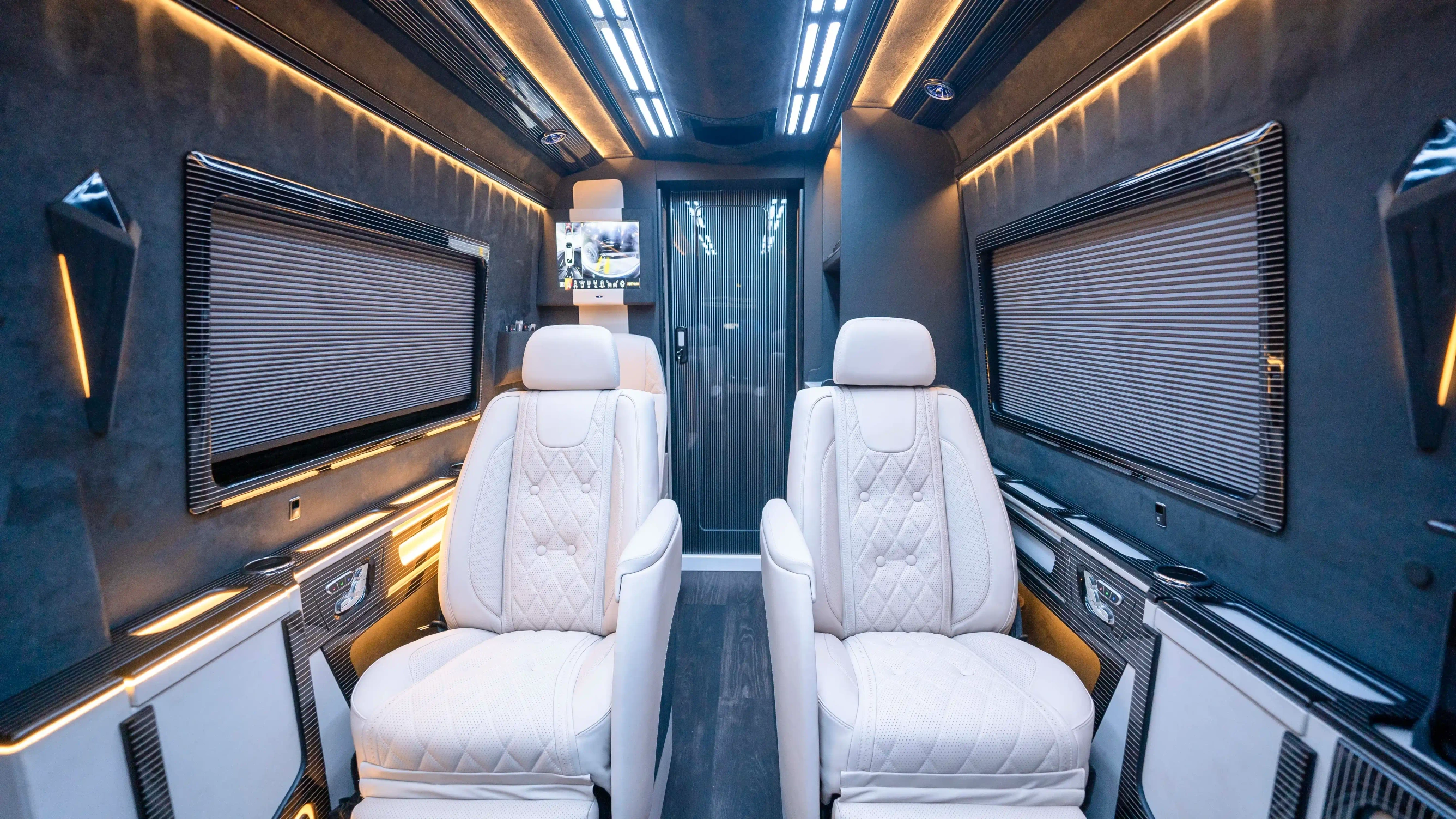 Dubai Mercedes Sprinter VIP Interior Conversion – Handmade White Leather & Alcantara Upholstery, Premium Lounge Seating, Elite Van Modification