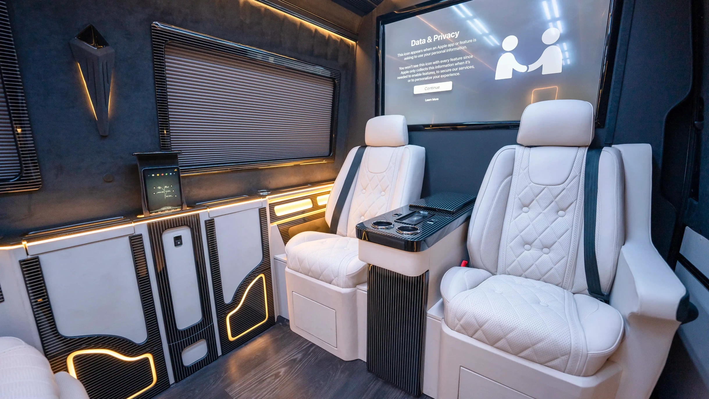 Mercedes Sprinter VIP Interior Upholstery Dubai – Custom White Nappa Leather and Black Alcantara Luxury Cabin Upgrade with Premium Reclining Seats