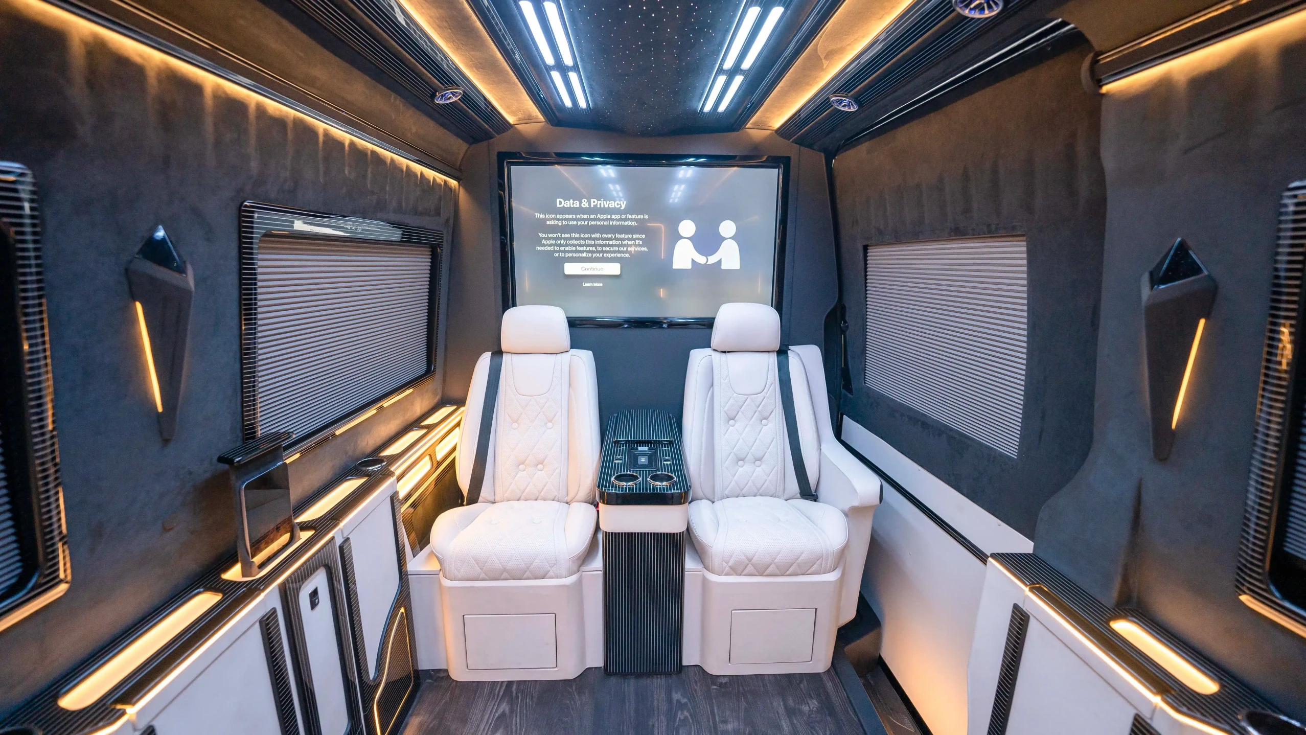 Mercedes Sprinter VIP Interior Upholstery Dubai – Custom White Nappa Leather and Black Alcantara Luxury Cabin Upgrade with Premium Reclining Seats